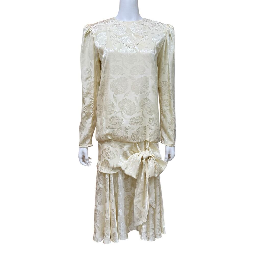 Vtg 80s 90s Ivory Dropped Waist Tie Bow Dress Size 6 Shoulder Pad